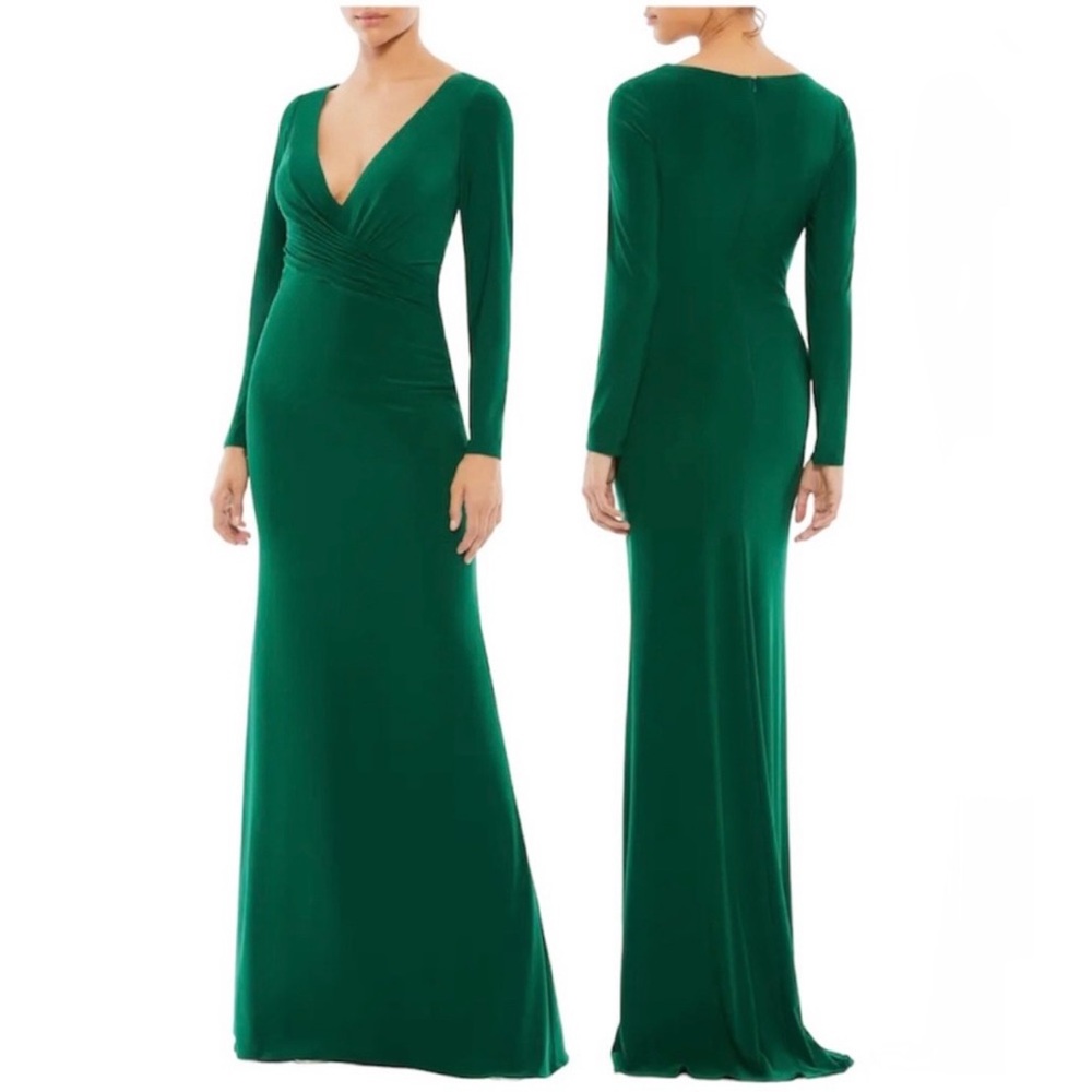 Ieena for Mac Duggal | Long Sleeve Jersey Sheath Gown in Emerald Green